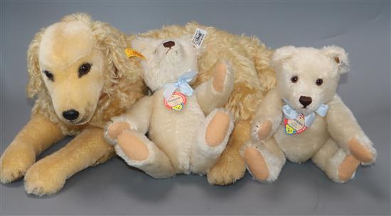 A yellow tag dog and two white label 1953 replica bears, no certificates